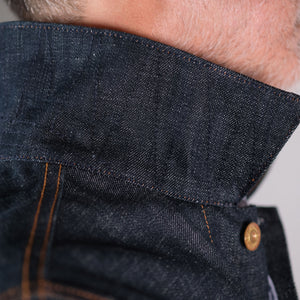 raw selvage denim trucker jacket undercollar stitched detail