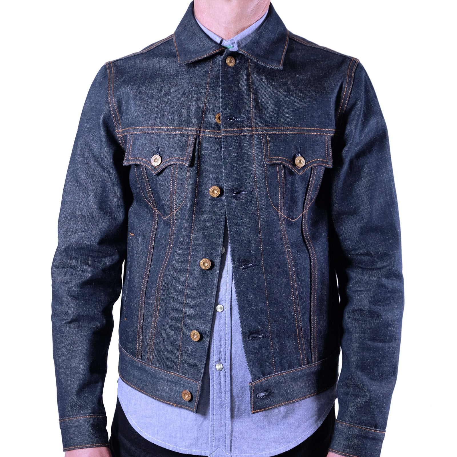 raw selvage denim trucker jacket front